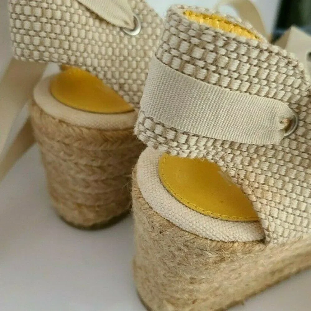 Michelle‎ D Denim Striped Espadrille Wedges Size 8M | Blue White Nautical Ribbon